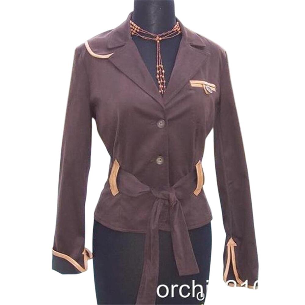 Cache Brown Cotton Suede Removable Belt Leather Trim Jacket Top Stretch $188 NWT